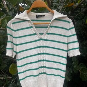 Retro 70s collared green and white striped short sleeved sweater top